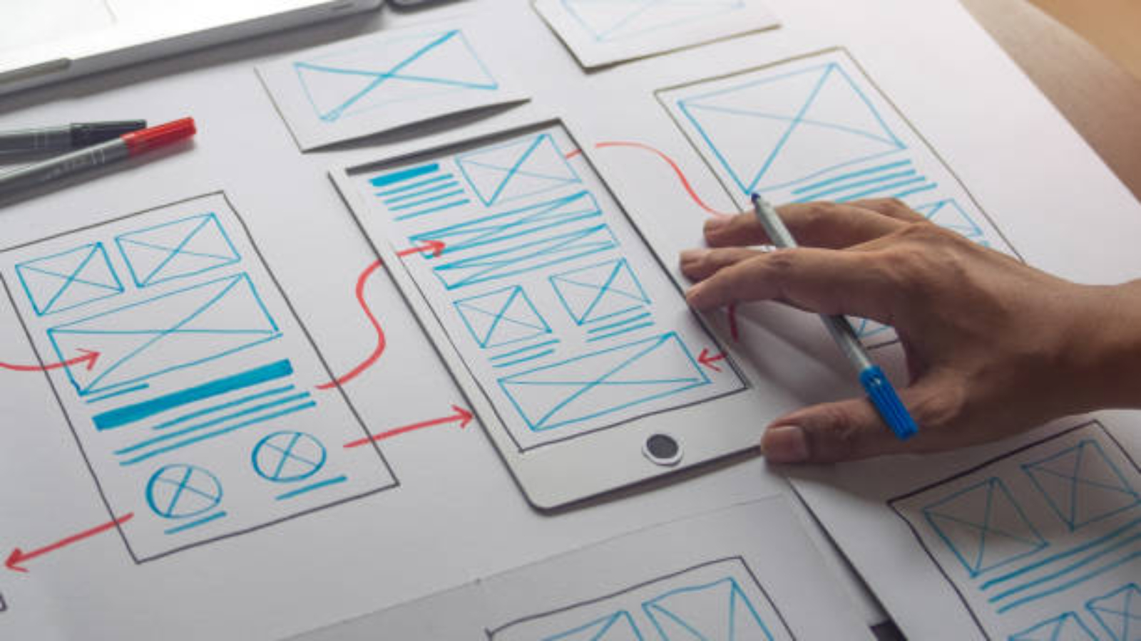 ux Graphic designer creative  sketch planning application process development prototype wireframe for web mobile phone . User experience concept.